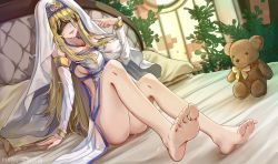Rule 34 | 1girl, absurdres, barefoot, bed, blindfold, blonde hair, commission, feet, foot focus, foreshortening, goblin slayer!, highres, long hair, parted lips, pixiv commission, pixiv username, soles, stuffed animal, stuffed toy, sword maiden, toes