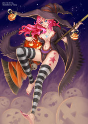Rule 34 | 10s, 1girl, 2011, barefoot, blue eyes, breasts, broom, dated, halloween, hat, jewelry, large breasts, long hair, necklace, original, pink hair, pumpkin, skull, smile, solo, vasily (run211), witch