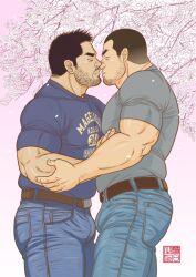 Rule 34 | 2boys, banjyaku, bara, beard stubble, belly, belly-to-belly, belt, bulge, bulge press, bulges touching, buzz cut, cherry blossoms, couple, denim, facial hair, feet out of frame, from side, hand on another&#039;s arm, imminent kiss, jeans, large pectorals, male focus, mature male, multiple boys, muscular, muscular male, mustache stubble, nervous, original, pants, pectorals, pink background, profile, shirt tucked in, short hair, sideburns, sideburns stubble, smile, stubble, thick eyebrows, thick thighs, thighs, v-shaped eyebrows, very short hair, yaoi