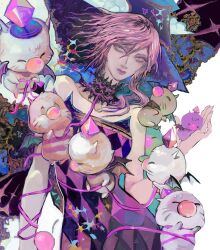 Rule 34 | 1girl, 6+others, amano yoshitaka (style), argyle, asymmetrical hair, final fantasy, final fantasy xiii, lightning farron, lightning returns: final fantasy xiii, looking at viewer, moogle, multiple others, official alternate costume, pink hair, purple ribbon, ribbon, saprophilous, strapless, sweatdrop, whiskers, wings