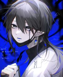 Rule 34 | 1boy, absurdres, artist name, black hair, blue background, commentary request, ear piercing, earrings, english text, grey eyes, hair between eyes, hanami haru, highres, holding, jewelry, light blush, long hair, looking at viewer, mask, mask pull, mole, mole under mouth, mouth mask, original, piercing, pointy ears, single earring, solo, symbol-shaped pupils, tagme, turtleneck, twitter username