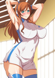 Rule 34 | 10s, 1girl, armpits, arms behind head, arms up, bare shoulders, blush, breasts, curvy, dress, gloves, green eyes, gundam, gundam build fighters, gundam build fighters try, headphones, huge breasts, kamiki mirai, kunifuto, legs, long hair, looking at viewer, orange hair, smile, solo, standing, thighs, wide hips