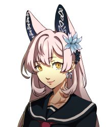 Rule 34 | 1girl, absurdres, animal ears, artist request, commentary, english commentary, euphemia chevalier, flower, fox ears, hair flower, hair ornament, highres, indie virtual youtuber, parody, persona, pink hair, school uniform, second-party source, serafuku, soejima shigenori (style), solo, style parody, virtual youtuber, white background, yellow eyes