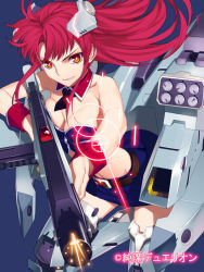 Rule 34 | 1girl, bare shoulders, blue background, breast press, breasts, bustier, cleavage, copyright name, detached collar, grin, gun, headgear, junketsu duelion, libelula ambition, long hair, mecha musume, midriff, official art, red eyes, red hair, rifle, simple background, skirt, smile, solo, thighhighs, weapon, wrist cuffs, yangsion
