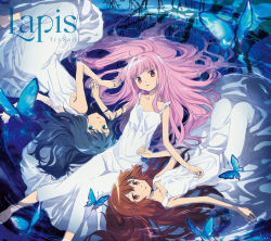 Rule 34 | 3girls, afloat, album cover, arms at sides, artist name, artist request, bad link, bare arms, bare tree, barefoot, blue butterfly, blue eyes, blue hair, blunt bangs, brown hair, bug, butterfly, collarbone, cover, dress, expressionless, flat chest, from above, full body, hair down, insect, jewelry, knees together feet apart, legs together, light particles, long dress, long hair, looking at viewer, lying, magia record: mahou shoujo madoka magica gaiden, mahou shoujo madoka magica, multiple girls, nanami yachiyo, official art, on back, on side, orange eyes, parted lips, partially submerged, pink eyes, pink hair, reflection, reflective water, ring, ripples, rotational symmetry, skinny, sleeveless, sleeveless dress, song name, spaghetti strap, tamaki iroha, text focus, tree, very long hair, water, wet, white dress, yui tsuruno