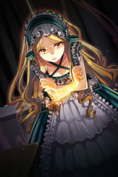 Rule 34 | 1girl, blonde hair, crossed arms, darkness, dress, flint (sword girls), frilled dress, frills, glowing, layered dress, long hair, lowres, maid headdress, open mouth, red eyes, shokill, solo, striped, sword girls, syokil, tattoo, very long hair, wavy hair