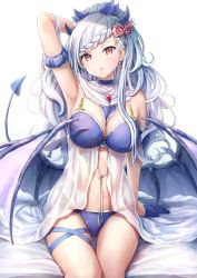 Rule 34 | 1girl, arm support, arm up, armpits, babydoll, bad id, bad pixiv id, bare shoulders, between breasts, blue gloves, blue panties, blue ribbon, braid, braided bangs, breasts, cleavage, demon girl, demon horns, demon tail, demon wings, detached sleeves, earrings, flower, gloves, hair flower, hair ornament, hair ribbon, half gloves, highres, horns, jewelry, large breasts, leg ribbon, lingerie, long hair, looking at viewer, navel, original, panties, parted lips, pointy ears, ponytail, red eyes, ribbon, see-through, simple background, sitting, solo, stomach, string panties, tail, thighs, tokeshi, underwear, underwear only, wavy hair, white background, white hair, wings