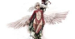 Rule 34 | 1girl, feathers, female focus, final fantasy, final fantasy tactics, hair over one eye, head wings, leotard, red leotard, rr (ryohej), short hair, solo, thighhighs, ultima (fft), white hair, wings