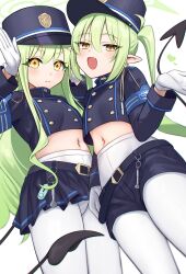 Rule 34 | 2girls, belt, black belt, black hat, black jacket, black shorts, black skirt, black tail, blue archive, blush, buttons, closed mouth, demon tail, double-breasted, fang, gloves, green hair, green halo, halo, hat, hikari (blue archive), nozomi (blue archive), highres, hoshimiya aki, jacket, long hair, multiple girls, navel, open mouth, pantyhose, peaked cap, pleated skirt, pointy ears, revision, shorts, sidelocks, simple background, skirt, smile, tail, twintails, white background, white gloves, white pantyhose, yellow eyes