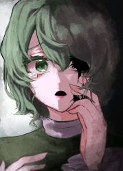Rule 34 | 1girl, absurdres, commentary request, cracked skin, green eyes, green hair, grey background, highres, looking at viewer, missing eye, open mouth, short hair, soga no tojiko, solo, takana (forsterite), tearing up, touhou, upper body