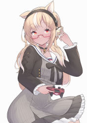 Rule 34 | 1girl, absurdres, animal ears, belt, black bow, black bowtie, black choker, black jacket, black skirt, blonde hair, blush, bow, bowtie, breasts, choker, controller, cropped jacket, dark-skinned female, dark skin, dress, extra ears, frilled skirt, frilled sleeves, frills, game controller, glasses, grey belt, grey dress, headphones, highres, holding, holding controller, holding game controller, hololive, implied extra ears, jacket, long hair, medium breasts, multicolored hair, open clothes, open jacket, red eyes, sailor collar, shiranui flare, shiranui flare (street), simple background, skirt, solo, streaked hair, striped clothes, striped dress, taraneko miso, vertical-striped clothes, vertical-striped dress, virtual youtuber, white background, white hair, white sailor collar
