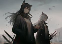 Rule 34 | 2girls, animal ear fluff, animal ears, arknights, bird, black coat, black hair, black scarf, blurry, blurry background, cigarette, coat, hair between eyes, hand in pocket, holding, holding cigarette, huanxiang heitu, lappland (arknights), long hair, looking at viewer, looking to the side, multiple girls, multiple swords, open clothes, open coat, orange eyes, outdoors, scarf, shirt, sky, smoke, smoking, texas (arknights), tree, upper body, white hair, white shirt