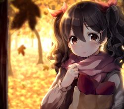 Rule 34 | 10s, 1girl, autumn, autumn leaves, bag, black hair, blush, earrings, food, hair between eyes, hair ornament, hair ribbon, hairclip, jewelry, lipstick, long hair, long sleeves, looking at viewer, love live!, love live! school idol project, makeup, outdoors, paper bag, red eyes, ribbon, scarf, solo, sweet potato, twintails, upper body, vsi0v, wavy hair, yazawa nico