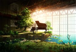 Rule 34 | 1boy, black hair, black pants, broken window, concrete, grand piano, grass, indoors, instrument, lily pad, male focus, mocha (cotton), music, original, overgrown, pants, piano, piano bench, playing instrument, pond, ruins, scenery, shirt, sitting, solo, technoheart, tree, water, white shirt, window