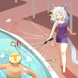 Rule 34 | 1boy, 1girl, :d, = =, alternate costume, animal ears, bare arms, bare legs, bare shoulders, barefoot, blue one-piece swimsuit, blush, breasts, can, closed eyes, commentary request, from above, full body, grey hair, hishi miracle (umamusume), horse ears, horse girl, horse tail, large breasts, medium breasts, medium hair, motion blur, nervous sweating, one-piece swimsuit, open mouth, partially submerged, pool, rod, role reversal, school swimsuit, smile, standing, sweat, swimsuit, tail, trainer (umamusume), tsukusawa (tukunesour), umamusume, white hair