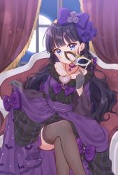 Rule 34 | 1girl, absurdres, black hair, blue eyes, blunt bangs, bow, choker, crossed legs, curtains, delicious party precure, dress, gloves, grey gloves, hair bow, highres, hiiragi syuu, jewelry, kasai amane, long hair, mask, necklace, off-shoulder dress, off shoulder, precure, purple bow, purple choker, purple dress, sitting, solo, unworn mask