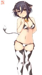 Rule 34 | 1girl, alternate costume, animal ears, animal print, artist logo, asymmetrical hair, bell, bikini, black hair, breasts, brown eyes, collarbone, commentary request, cow ears, cow horns, cow print, cow tail, cowbell, cowboy shot, dated, fake animal ears, fake horns, feet out of frame, front-tie top, gluteal fold, hair between eyes, halterneck, highres, horns, i-13 (kancolle), kanon (kurogane knights), kantai collection, lowleg, lowleg bikini, medium breasts, one-hour drawing challenge, short hair, side-tie bikini bottom, simple background, solo, string bikini, swimsuit, tail, thigh gap, thighhighs, white background, white bikini, white thighhighs