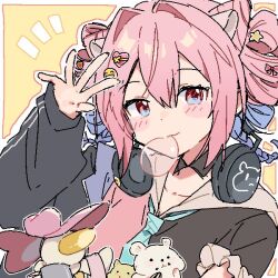 Rule 34 | 1girl, animal, animal ears, arknights, black shirt, blowing bubbles, blue eyes, blue necktie, blush, chewing gum, commentary request, hand up, headphones, headphones around neck, jacket, looking at viewer, maguro kan, necktie, pink eyes, pink hair, pink shirt, sailor collar, seed, shirt, simple background, smile, solo, sunflower seed, two-tone eyes, two-tone shirt, u-official (arknights), upper body, yellow background