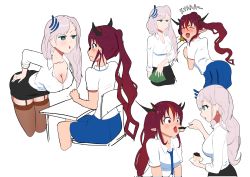 Rule 34 | 2girls, absurdres, angelchama, blue eyes, blush, braid, breasts, cleavage, feeding, hair ornament, heterochromia, highres, hololive, hololive english, hololive indonesia, horns, irys (hololive), large breasts, long hair, medium breasts, multicolored hair, multiple girls, pavolia reine, pointy ears, purple hair, red hair, silver hair, slapping, teacher, virtual youtuber