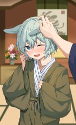 1boy 1girl :d absurdres animal_ears blue_kimono blurry blurry_background cathy_idx flower green_kimono headpat highres horse_ears horse_girl indoors japanese_clothes kimono long_sleeves looking_at_viewer one_eye_closed open_mouth pink_flower purple_flower seiun_sky_(umamusume) short_hair smile umamusume vase yellow_flower