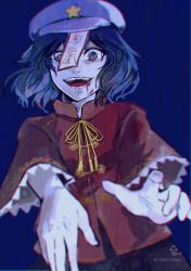 Rule 34 | 1girl, absurdres, black skirt, blood, blood on face, blouse, blue background, blue eyes, blue hair, breasts, cabbie hat, commentary request, crazy eyes, flat cap, frilled sleeves, frills, hat, hat ornament, highres, hoshiringo0902, jiangshi, looking at viewer, mandarin collar, miyako yoshika, ofuda, ofuda on head, one-hour drawing challenge, open mouth, outstretched arms, purple hat, red shirt, ribbon, sharp teeth, shirt, short hair, short sleeves, simple background, skirt, small breasts, solo, star (symbol), star hat ornament, tassel, teeth, touhou, yellow ribbon, zombie pose