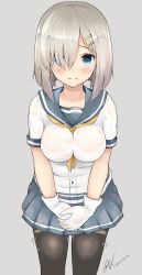 Rule 34 | 10s, 1girl, alternate legwear, artist name, black thighhighs, blue eyes, blush, breasts, gloves, grey background, hair over one eye, hamakaze (kancolle), heart, heart-shaped pupils, highres, kantai collection, kuavera, large breasts, looking at viewer, school uniform, serafuku, short hair, silver hair, simple background, solo, symbol-shaped pupils, thighhighs, twitter username, wet, wet clothes, white gloves