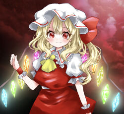 Rule 34 | 1girl, ascot, blush, cloud, crystal, dark background, flandre scarlet, hand up, hat, highres, long hair, looking at viewer, mauyori3, mob cap, one side up, puffy short sleeves, puffy sleeves, red eyes, red skirt, red vest, short sleeves, simple background, skirt, skirt set, smile, solo, touhou, vest, wings, yellow ascot