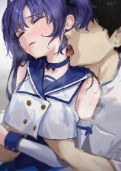 Rule 34 | 1boy, 1girl, absurdres, bare shoulders, black hair, blue archive, blush, grabbing another&#039;s breast, choker, detached sleeves, closed eyes, fuu torutanme, grabbing, groping, hetero, highres, licking, licking another&#039;s neck, parted lips, purple hair, sailor collar, sweat, yuuka (blue archive)