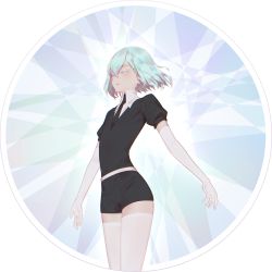 Rule 34 | 1other, androgynous, belt, black necktie, black shorts, closed eyes, closed mouth, collar, collared shirt, colored eyelashes, crystal hair, diamond (houseki no kuni), elbow gloves, from behind, gem uniform (houseki no kuni), gloves, hair between eyes, highres, houseki no kuni, medium hair, multicolored hair, necktie, other focus, puffy short sleeves, puffy sleeves, shirt, short hair, short shorts, short sleeves, shorts, simple background, solo, thighhighs, white background, white gloves, white thighhighs, xini m