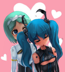 Rule 34 | 10s, 2girls, bad id, bad pixiv id, blue eyes, blue hair, blush, breasts, busou shinki, doll joints, closed eyes, green hair, joints, multiple girls, observerz, short hair, sleepy, small breasts, twintails, underboob, valona, werkstra