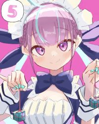Rule 34 | 1girl, ahoge, aqua hair, aqua nails, blue bow, blue bowtie, blue hair, blue nails, blue ribbon, blunt bangs, blush, bow, bowtie, braid, breasts, cleavage, closed mouth, colored inner hair, commentary request, dress, hair ribbon, heart, highres, hololive, long hair, looking at viewer, medium breasts, minato aqua, minato aqua (1st costume), multicolored hair, nail polish, nosu (pewk x4b), oekaki, pink background, puffy short sleeves, puffy sleeves, purple eyes, purple hair, ribbon, short sleeves, simple background, smile, solo, speech bubble, spoken number, twintails, two-tone hair, upper body, virtual youtuber