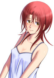 Rule 34 | 1girl, bonnie (rsg), breasts, cleavage, closed mouth, collarbone, hair between eyes, hino kahoko, la corda d&#039;oro, long hair, looking at viewer, red hair, shirt, simple background, sleeveless, sleeveless shirt, small breasts, smile, solo, spaghetti strap, upper body, white background, white shirt, yellow eyes