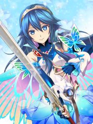 Rule 34 | 1girl, belt, blue eyes, blue hair, breasts, butterfly wings, capelet, cloak, falchion (fire emblem), fire emblem, fire emblem awakening, fire emblem heroes, gloves, highres, holding, holding sword, holding weapon, insect wings, kakiko210, long hair, looking at viewer, lucina (fire emblem), nintendo, official alternate costume, small breasts, smile, solo, sword, tiara, weapon, wings