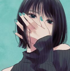 Rule 34 | 1girl, absurdres, black hair, blue background, blue nails, bob cut, clothing cutout, covering own mouth, eyelashes, green eyes, highres, long sleeves, looking at viewer, nail polish, original, ribbed sweater, short hair, shoulder cutout, sleeves past wrists, solo, sweater, turtleneck, upper body, yuri (832yuri)