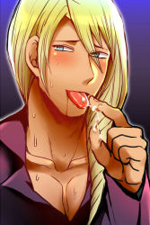 Rule 34 | 1boy, blonde hair, blue eyes, blush, klavier gavin, ace attorney, apollo justice: ace attorney, male focus, solo, sweat, tagme, tan, undressing