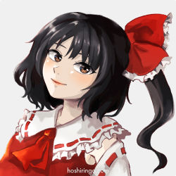 Rule 34 | 1girl, ascot, bare shoulders, black hair, blush, bow, brown eyes, close-up, closed mouth, collared vest, commentary request, detached sleeves, frilled bow, frills, hair ribbon, hakurei reimu, happy, hoshiringo0902, lips, long hair, looking at viewer, ponytail, red ascot, red ribbon, red vest, ribbon, ribbon-trimmed sleeves, ribbon trim, simple background, smile, solo, touhou, vest, white background, white sleeves