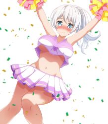Rule 34 | 1girl, absurdres, alternate hairstyle, arms up, baek hyang&#039;geum, bang dream!, blue eyes, blush, breasts, cheerleader, closed mouth, confetti, highres, large breasts, long hair, looking at viewer, navel, no bra, pom pom (cheerleading), ponytail, simple background, skirt, smile, solo, standing, underboob, wakamiya eve, white background, white hair