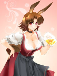 Rule 34 | 1girl, :q, alcohol, animal ears, barmaid, beer, beer mug, blush, breasts, brown hair, rabbit ears, rabbit tail, choker, cleavage, collarbone, cup, dirndl, dress, drink, female focus, german clothes, hand on own hip, hip focus, holding, large breasts, licking lips, looking at viewer, mug, oktoberfest, pappel ostern, pink eyes, pixiv fantasia, pixiv fantasia 5, red eyes, short hair, solo, tail, tongue, tongue out, traditional clothes, yagisaka seto