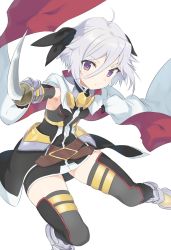 Rule 34 | 1girl, ahoge, armor, belt, black dress, black ribbon, black thighhighs, brown belt, cape, closed mouth, commentary, cosplay, dress, fate testarossa, fate testarossa (blaze iii), fate testarossa (cosplay), frown, gauntlets, gloves, greaves, grey footwear, grey gloves, hair between eyes, hair ribbon, highres, holding, holding sword, holding weapon, itomi sayaka, looking at viewer, lyrical nanoha, magical girl, mahou shoujo lyrical nanoha, mahou shoujo lyrical nanoha detonation, pera, purple eyes, red cape, ribbon, short dress, short hair, silver hair, simple background, sleeveless, sleeveless dress, solo, sword, thighhighs, toji no miko, two-sided cape, two-sided fabric, waist cape, weapon, white background, white cape