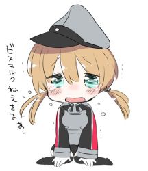Rule 34 | 10s, 1girl, anchor hair ornament, arm support, blonde hair, blue eyes, blue hair, blush stickers, chibi, crying, crying with eyes open, full body, gloves, hair ornament, hat, kantai collection, long sleeves, looking at viewer, microskirt, military, military uniform, mozuya murasaki, peaked cap, prinz eugen (kancolle), short twintails, simple background, sitting, skirt, solo, tears, thighhighs, translated, twintails, uniform, wariza, white background, white gloves
