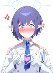 Rule 34 | 1girl, anger vein, aoi (blue archive), blue archive, blue eyes, blue necktie, blush, commentary, commentary request, earrings, gloves, hair between eyes, halo, heart, heart hands, highres, jewelry, karikura (atatata71), long sleeves, looking at viewer, necktie, pointy ears, purple hair, school uniform, short hair, sidelocks, simple background, solo, sweatdrop, white background, white gloves