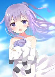 Rule 34 | 1girl, :d, absurdres, azur lane, bare shoulders, blush, collarbone, commentary request, day, dress, dutch angle, elbow gloves, gloves, hair bun, head tilt, highres, long hair, looking at viewer, hugging object, odeclea, open mouth, outdoors, purple eyes, purple hair, single hair bun, smile, solo, strapless, strapless dress, stuffed animal, stuffed toy, stuffed unicorn, stuffed winged unicorn, unicorn (azur lane), very long hair, white dress, white gloves
