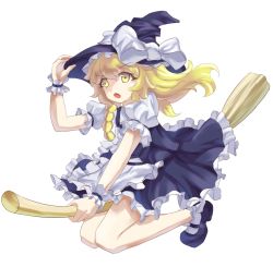 Rule 34 | 1girl, apron, black dress, blonde hair, bow, braid, broom, broom riding, dress, full body, hand on headwear, hat, hat bow, highres, kirisame marisa, long hair, mary janes, open mouth, puffy short sleeves, puffy sleeves, shirt, shoes, short sleeves, simple background, single braid, solo, touhou, waist apron, white background, witch hat, wrist cuffs, xiao yinbie, yellow eyes