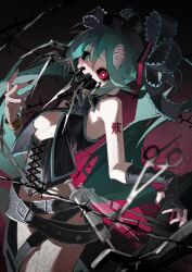 Rule 34 | 1girl, absurdly long hair, aqua eyes, aqua hair, arm tattoo, bare legs, bare shoulders, belt, black belt, black gloves, black nails, breasts, bright pupils, calne ca (deino), covered mouth, earrings, fingerless gloves, gloves, hair between eyes, hair ornament, hatsune miku, heterochromia, highres, jewelry, jiu ye sang, long hair, looking at viewer, medium breasts, multiple belts, nail polish, necklace, needle, open clothes, red eyes, scissors, shaded face, shadow, sidelocks, single fingerless glove, skull necklace, smile, solo, tattoo, twintails, very long hair, vocaloid, watch, white pupils, wristwatch