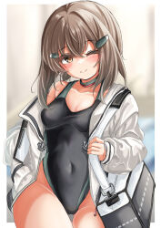 Rule 34 | 1girl, anchor ornament, bag, black one-piece swimsuit, breasts, brown eyes, brown hair, commentary request, competition swimsuit, cowboy shot, hair ornament, hairclip, highres, jacket, kantai collection, kasashi (kasasi008), one-piece swimsuit, one eye closed, open clothes, open jacket, short hair, short hair with long locks, small breasts, solo, swimsuit, swimsuit under clothes, taihou (kancolle), two-tone swimsuit, white jacket, zipper pull tab