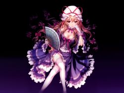 Rule 34 | 1girl, an2a, blonde hair, breasts, cleavage, dress, embellished costume, female focus, frills, hand fan, hat, highres, lace, long hair, non-web source, simple background, solo, thighhighs, touhou, yakumo yukari