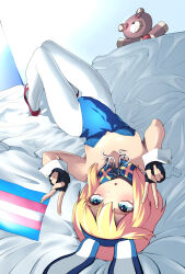 Rule 34 | 1girl, animal ears, bed sheet, black gloves, blonde hair, blue leotard, breasts, bridget (guilty gear), detached collar, double v, fake animal ears, fingerless gloves, genderswap, genderswap (mtf), gloves, green eyes, guilty gear, guilty gear strive, highres, leotard, looking at viewer, lying, medium hair, n0 image, on back, on bed, pantyhose, parted lips, playboy bunny, rabbit ears, red footwear, roger (guilty gear), small breasts, strapless, strapless leotard, stuffed animal, stuffed toy, teddy bear, transgender flag, v, white pantyhose, wrist cuffs