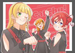Rule 34 | 3girls, arm up, black dress, black ribbon, blonde hair, blue eyes, blunt bangs, border, catchu! (love live!), clenched hand, clenched hands, closed eyes, closed mouth, clothing cutout, collared dress, commentary request, distortion (love live!), dress, english text, facing viewer, green eyes, grey border, group name, hair bun, hair ornament, hairband, hand up, heanna sumire, highres, looking at viewer, love live!, love live! superstar!!, multiple girls, neck ribbon, one eye closed, open mouth, orange hair, orange hairband, outline, outside border, red background, red hair, ribbon, shibuya kanon, shoulder cutout, sidelocks, single side bun, smile, standing, upper body, v-shaped eyebrows, wabe417, white outline, yoneme mei