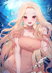 Rule 34 | 1girl, absurdres, air bubble, blonde hair, blush, breasts, bubble, collar, deogho (liujinzy9854), dress, earrings, highres, jewelry, large breasts, long hair, looking at viewer, multicolored hair, open mouth, orange dress, original, pink hair, red eyes, smile, solo, submerged, two-tone hair, underwater, virtual youtuber