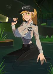 Rule 34 | 1girl, alligator, angry, barleyshake, baseball cap, blonde hair, breasts, cleavage, crocodilian, female focus, five nights at freddy&#039;s, five nights at freddy&#039;s: security breach, flashlight, full body, green eyes, hat, highres, large breasts, leotard, looking at viewer, security guard, see-through, solo, vanessa (fnaf), water, wet, wet clothes